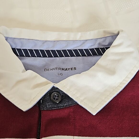 Denver Hayes Men's Polo Long Sleeves Cotton Shirt Large Burgundy/White LG - Picture 16 of 16